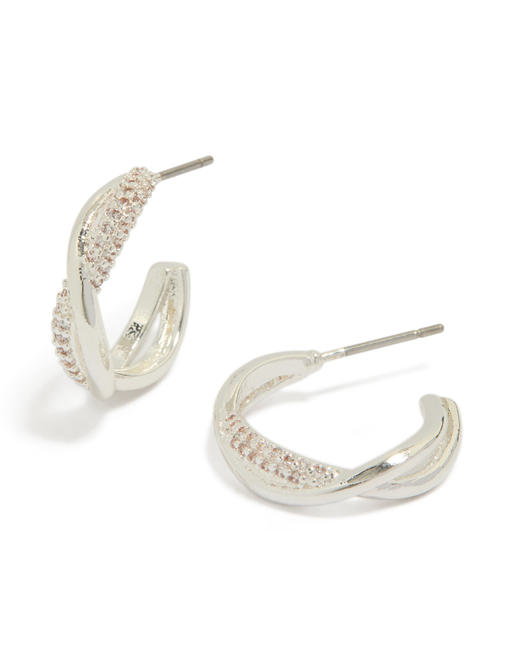 Showcasing silver plated cubic zirconia twist hoop earrings front view