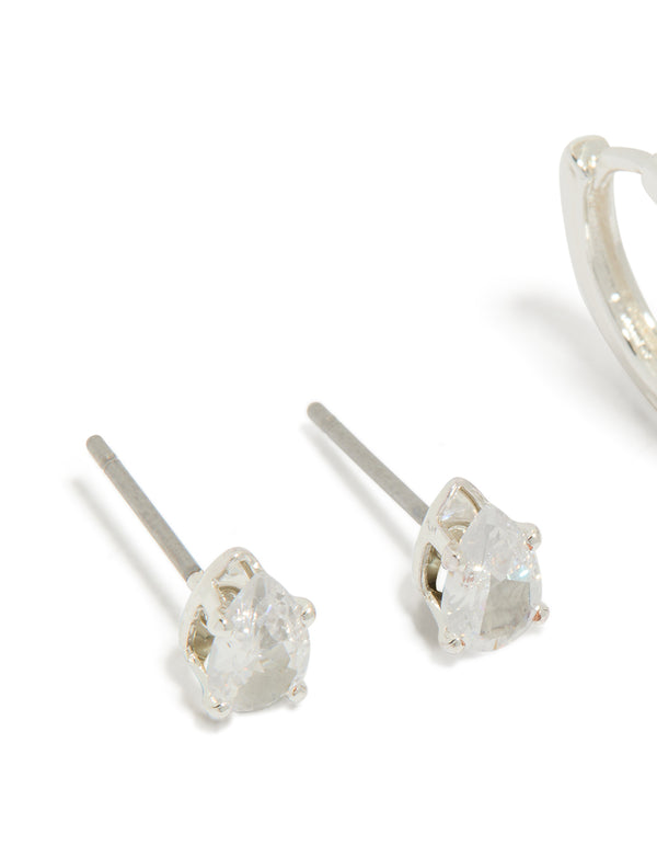 Designed with silver plated cubic zirconia hoop and stud earrings 2-pack close up view