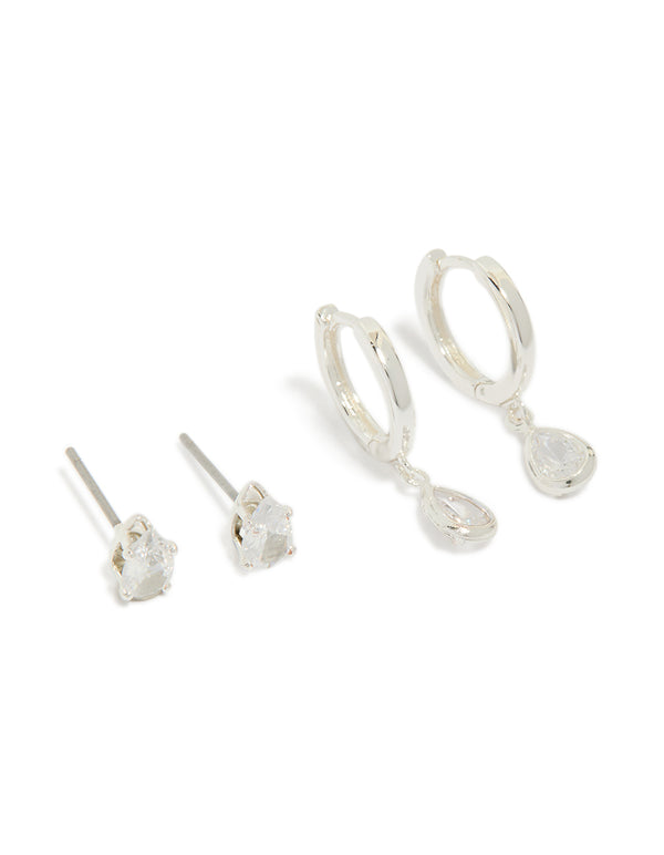 Showcasing silver plated cubic zirconia hoop and stud earrings 2-pack front view