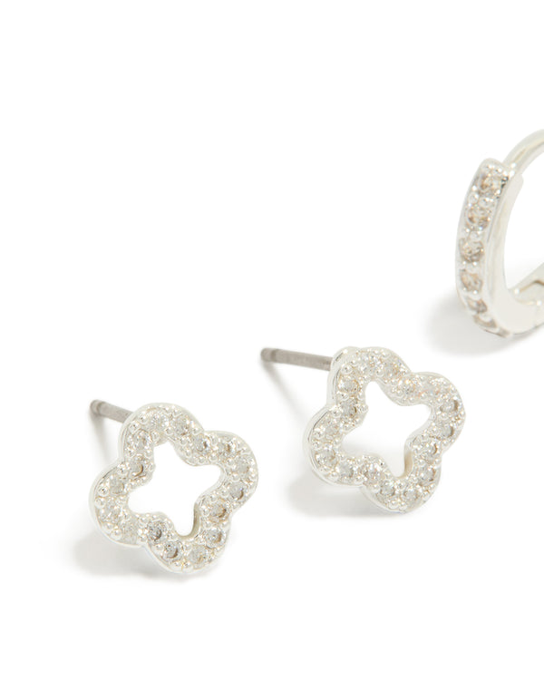 Silver Plated Cubic Zirconia Flower Stud & Huggie Earrings 2-Pack
