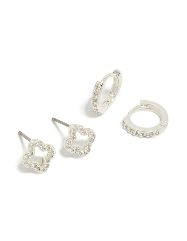 Beautifully designed silver plated cubic zirconia flower stud and huggie earrings in a 2-pack front view