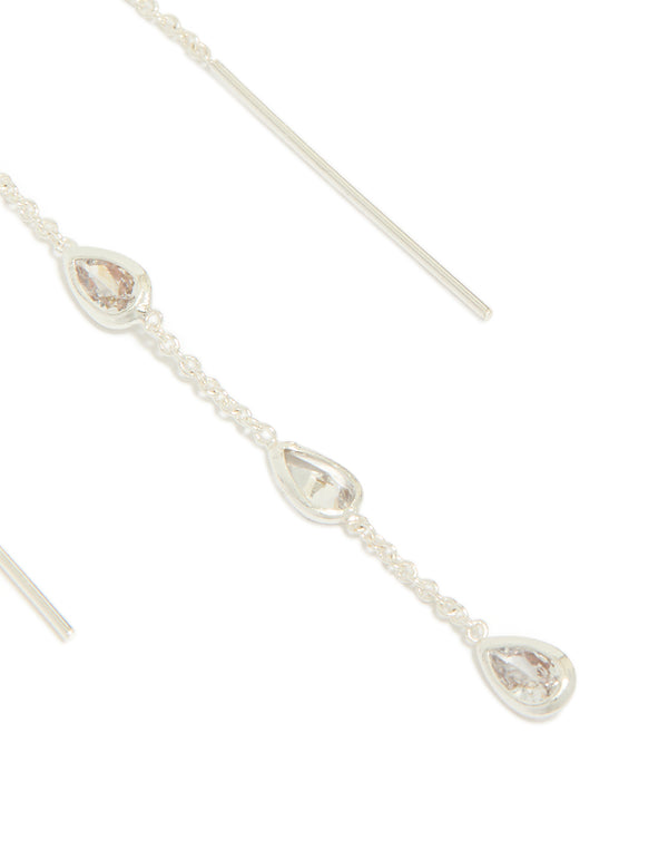 Silver plated station threader earrings with pear cut cubic zirconia and post detail view