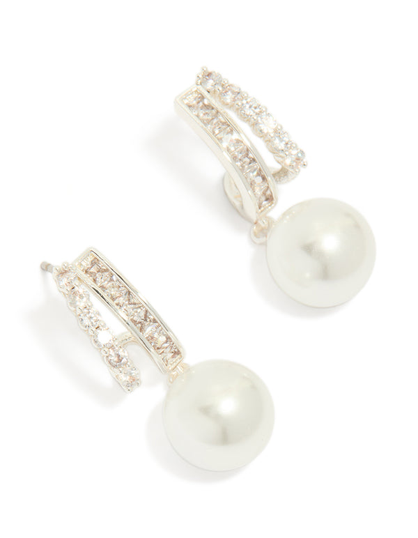 Discover silver plated cubic zirconia illusion pearl drop earrings with hoop closure front view