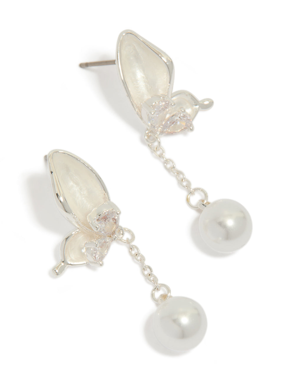 Showcasing silver plated enamel butterfly pearl drop earrings with charm accents in ivory and light pink front view