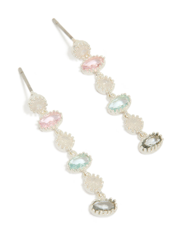 Silver Plated Pink & Blue Cubic Zirconia Oval & Round Stone Drop Earrings