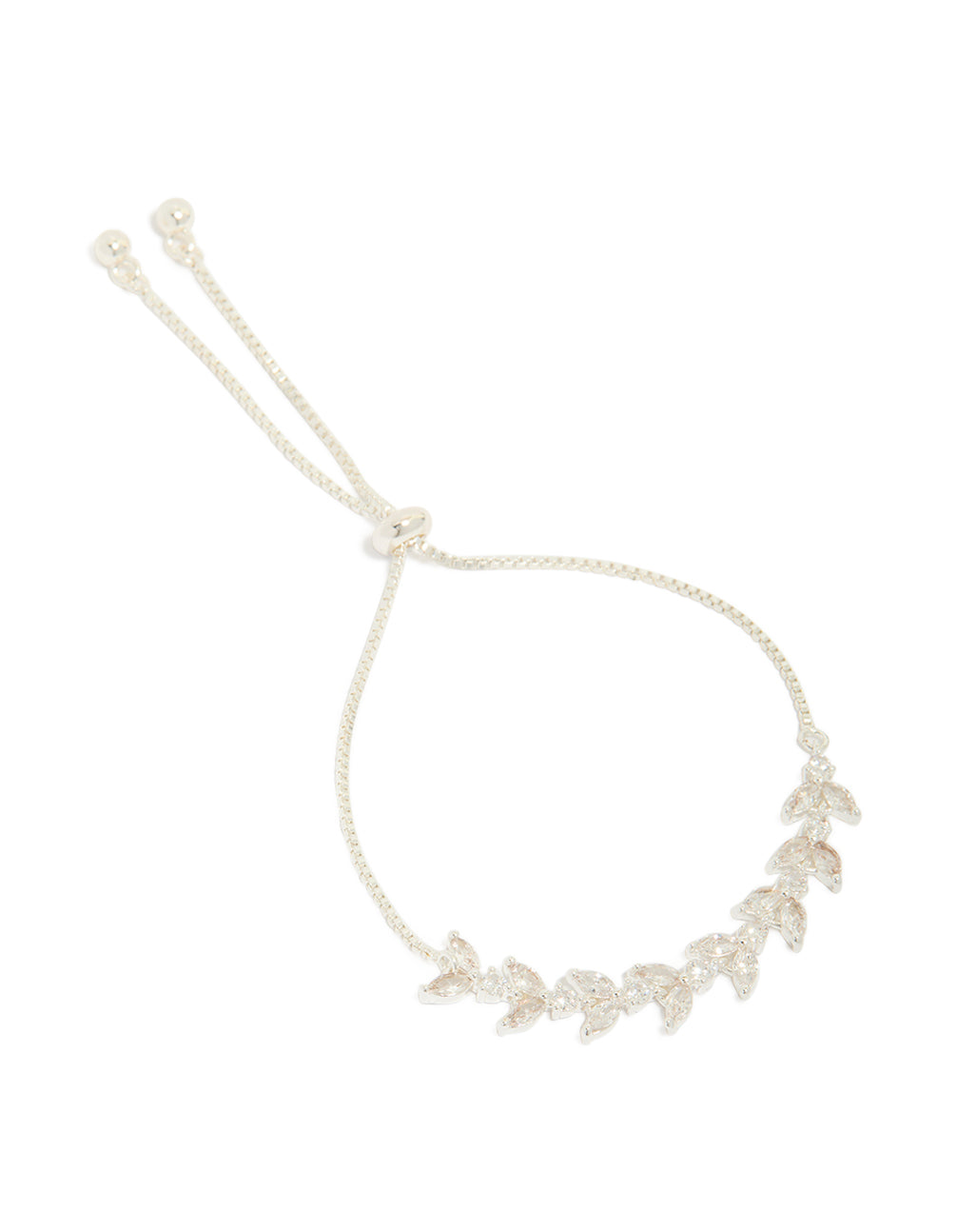 Showcasing a silver plated cubic zirconia vine leaf toggle bracelet in a statement style front view