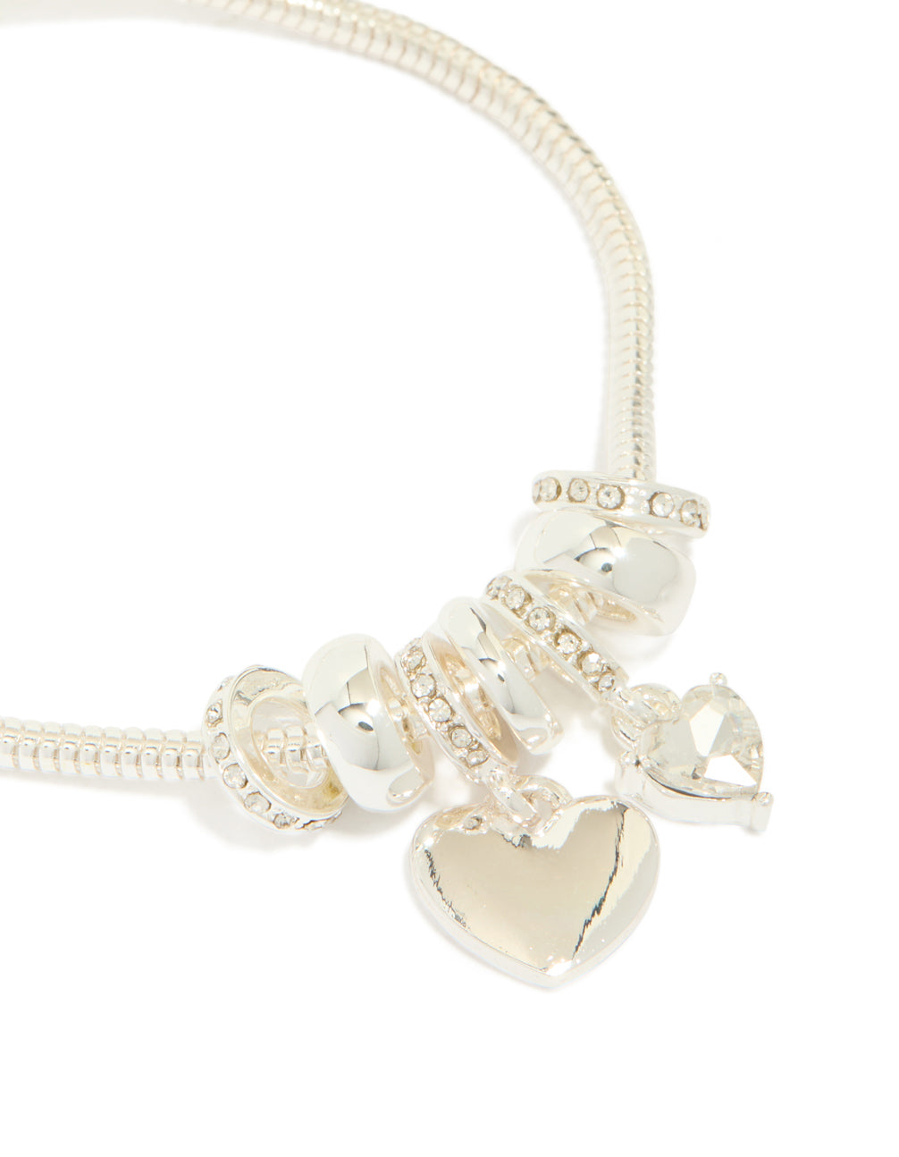 Featuring silver plated diamante heart rondell charm bracelet with beads in close up view