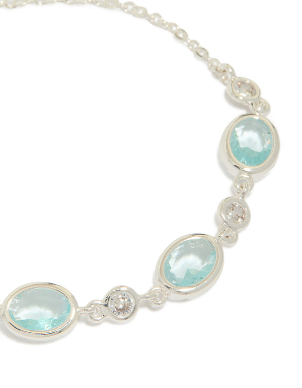 Silver Plated Blue Cubic Zirconia Large Bezel Trio Toggle Bracelet