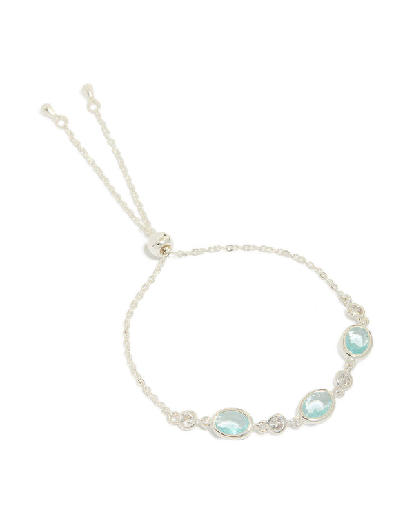 Silver Plated Blue Cubic Zirconia Large Bezel Trio Toggle Bracelet
