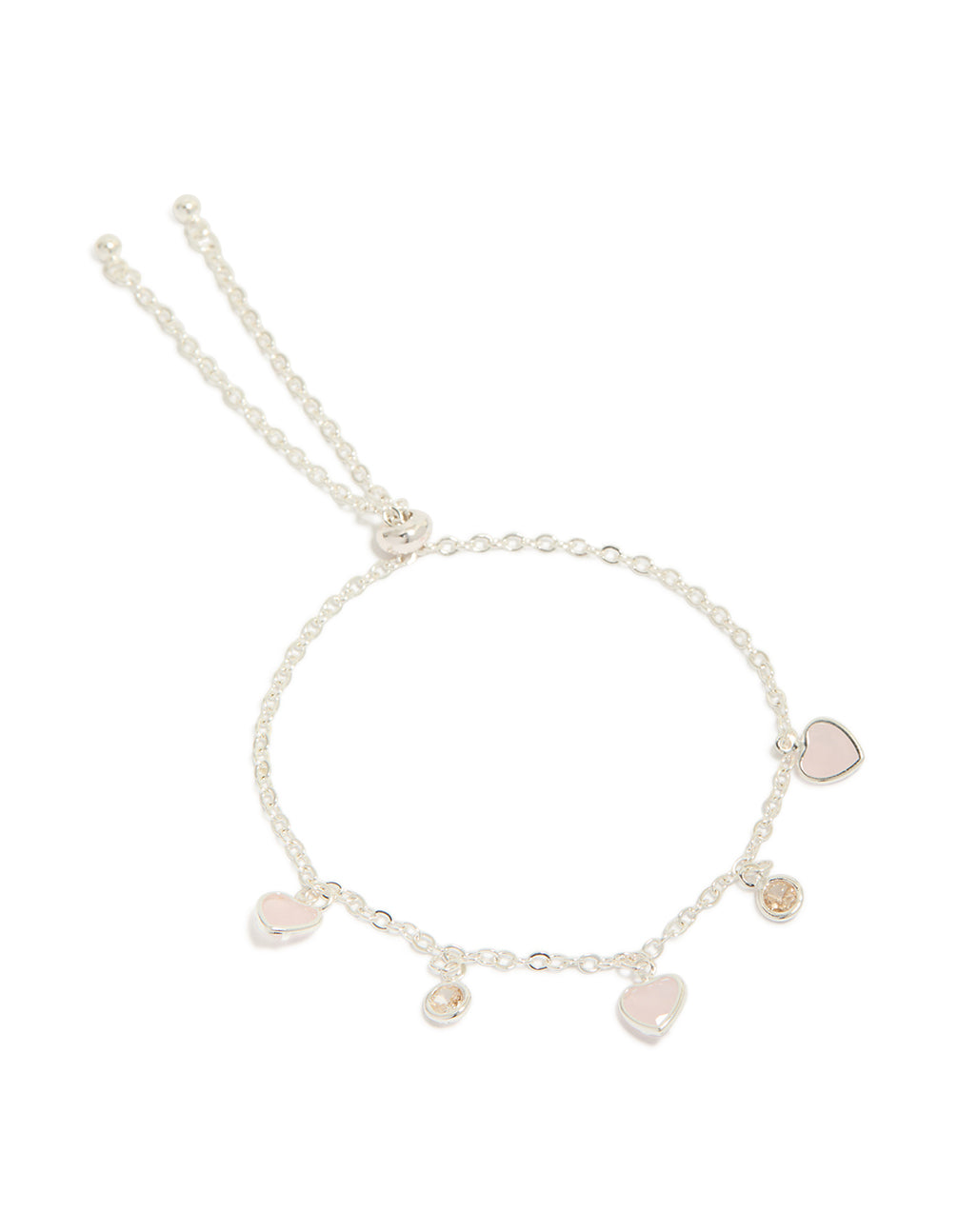 Beautifully crafted silver plated cubic zirconia heart charms toggle bracelet front view