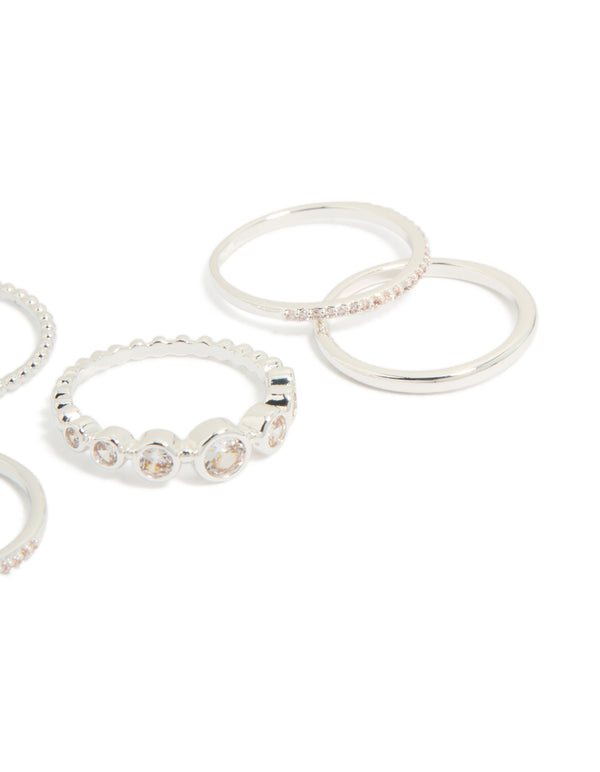 Crafted silver plated cubic zirconia bezel rings 5-pack side detail view
