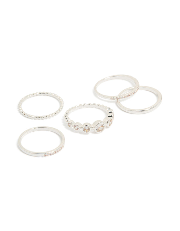 Showcasing silver plated cubic zirconia bezel rings 5-pack front view