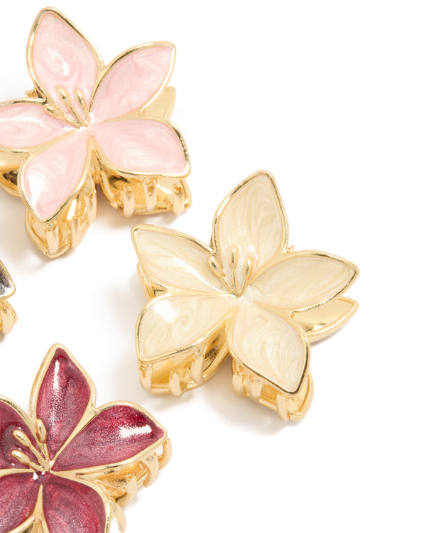 Gold Pink & Burgundy Enamel Frangipani Claw Clips 4-Pack