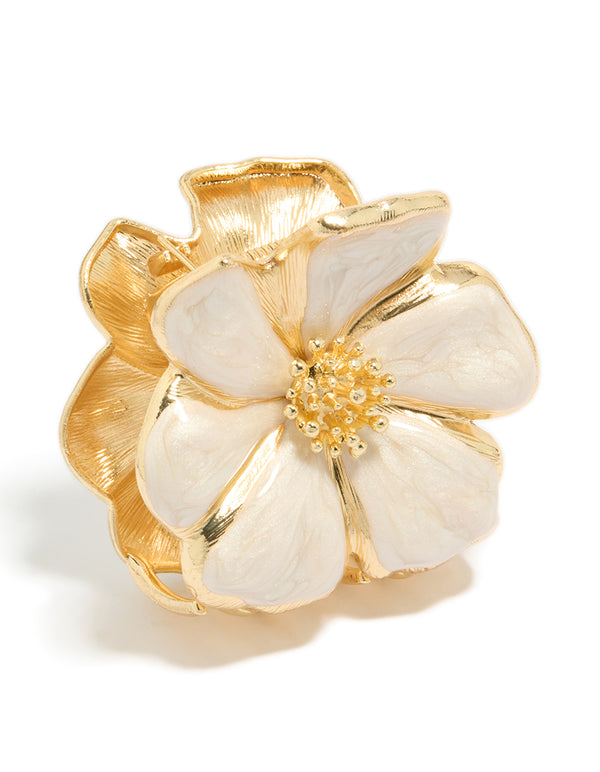Showcase enamel blossom flower hair claw clip in gold and beige with front view