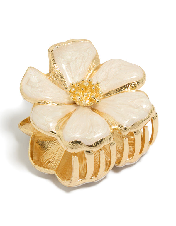 Stunning enamel blossom flower hair claw clip in gold and beige tones side view