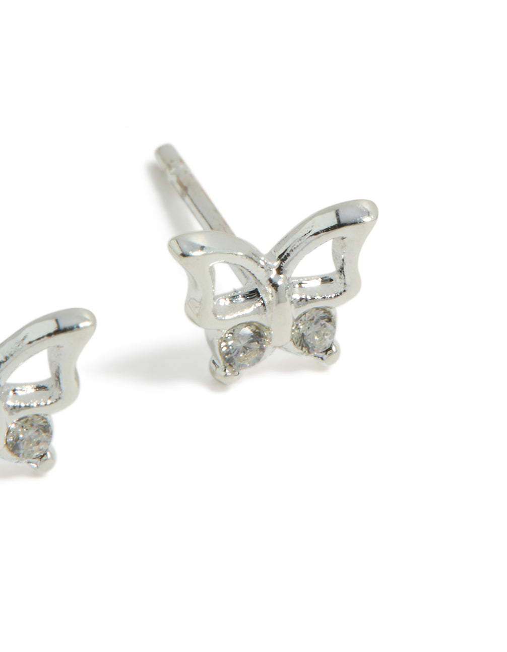 Highlighting dainty butterfly stud earrings crafted from waterproof stainless steel in silver post detail view
