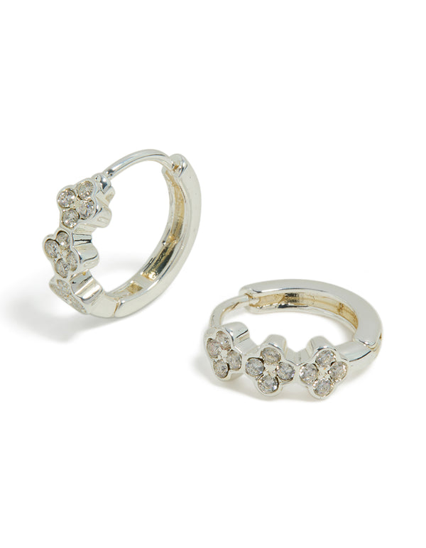 Waterproof Stainless Steel Cubic Zirconia Triple Flower Huggie Earrings