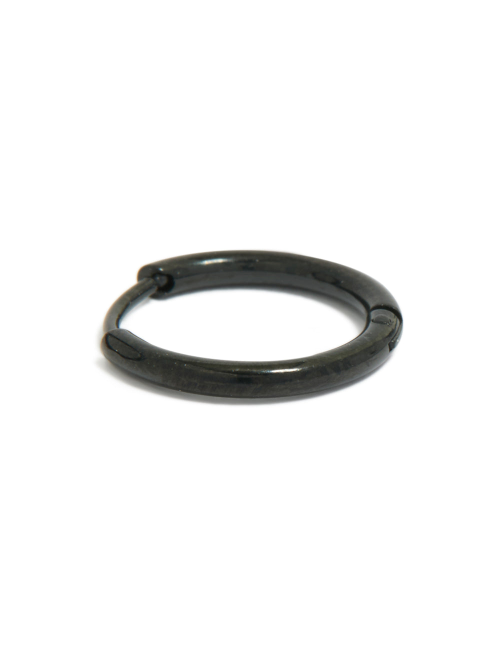 Highlighting chunky waterproof black coated metal stainless steel clicker earrings with hoop closure in 14 MM post detail view
