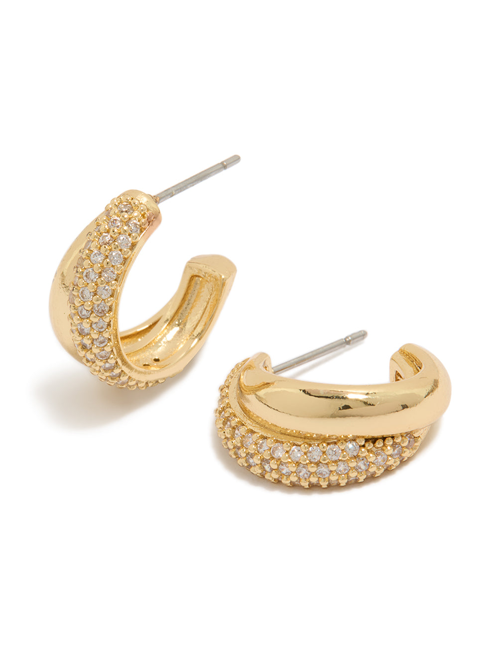 Showcasing gold plated cubic zirconia pavé and plain layered hoop earrings with crystal embellishments front view