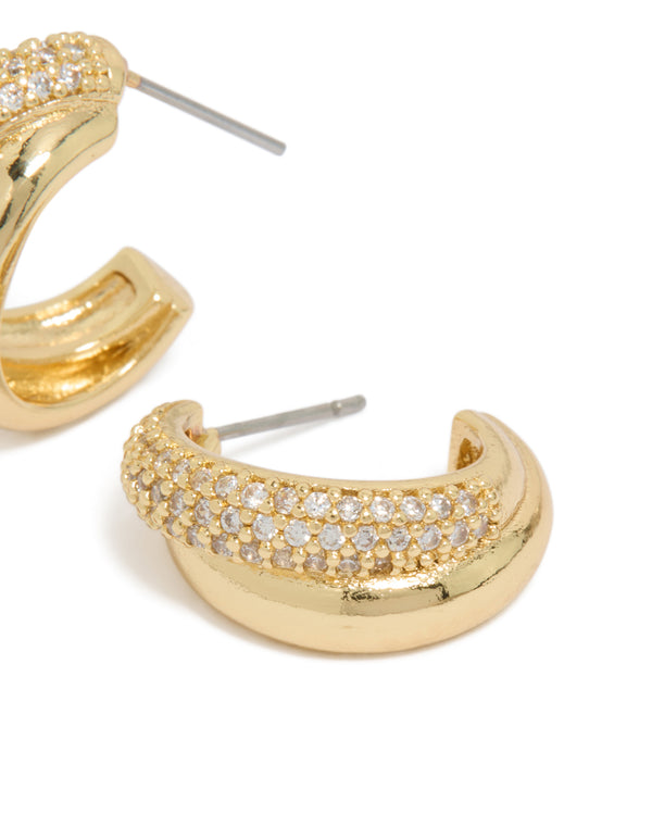 Gold Plated Cubic Zirconia Pavé & Plain Layered Hoop Earrings