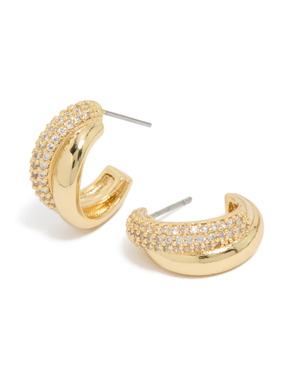 Gold Plated Cubic Zirconia Pavé & Plain Layered Hoop Earrings