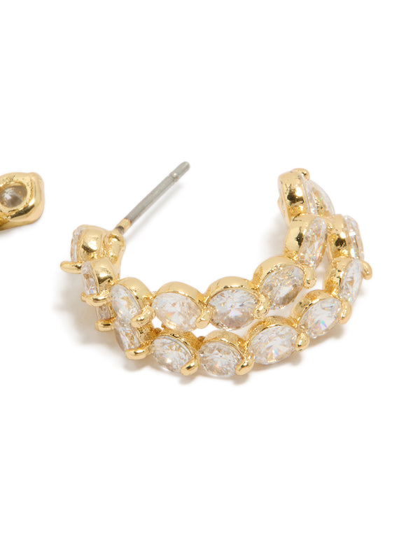 Presenting gold plated cubic zirconia double layered small hoop earrings highlighting the post detail view