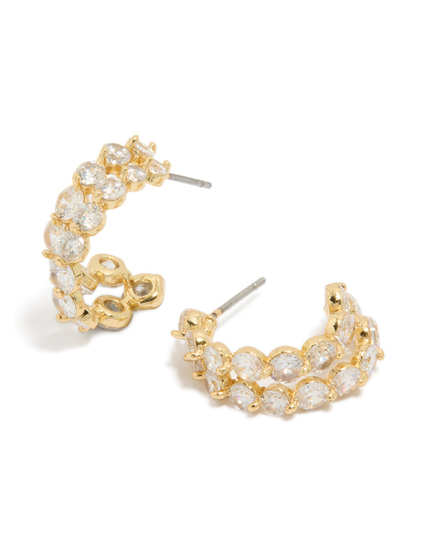 Showcasing gold plated cubic zirconia double layered small hoop earrings with a hoop closure front view