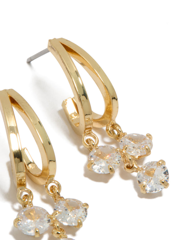 Beautiful gold plated cubic zirconia double drop hoop earrings with clear stones and closure detail view