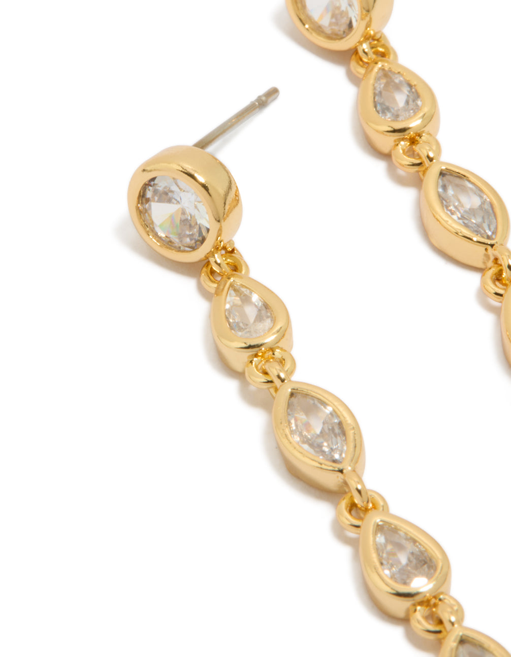 Highlighting gold plated cubic zirconia mixed shape long drop statement earrings with detailed stone settings close up view