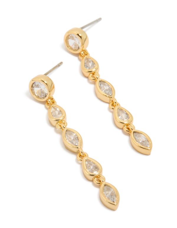 Showcasing statement long drop earrings crafted from gold plated material with cubic zirconia in mixed shapes front view