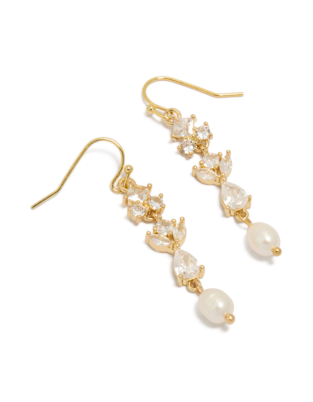 Showcasing gold plated cubic zirconia and freshwater pearl vine hook drop earrings front view