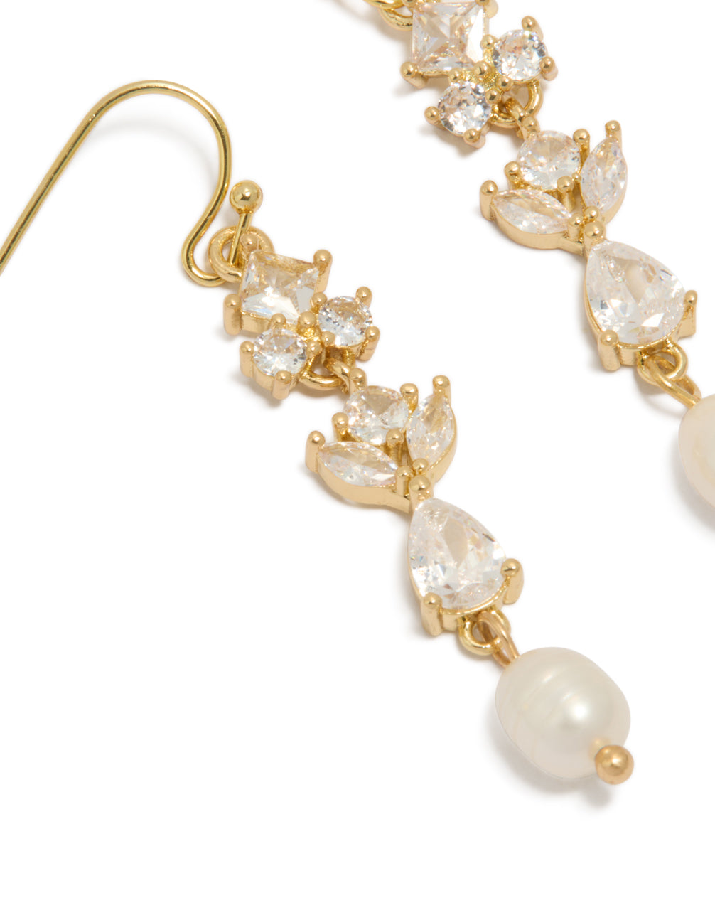 Featuring gold plated cubic zirconia and freshwater pearl vine hook drop earrings close up view