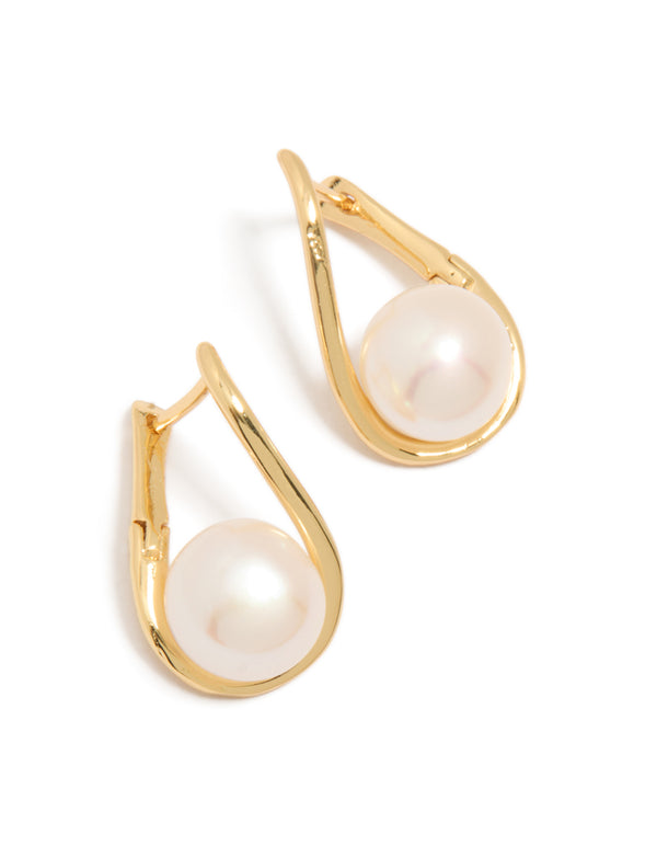 Beautifully crafted gold plated freshwater pearl twist hoop earrings in ivory front view