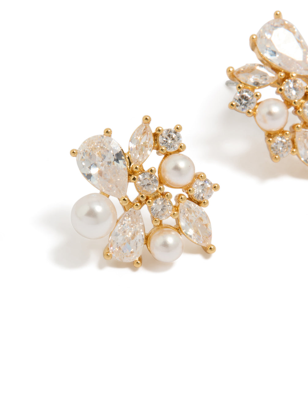 Beautifully designed gold plated cubic zirconia and pearl cluster stud earrings close up view