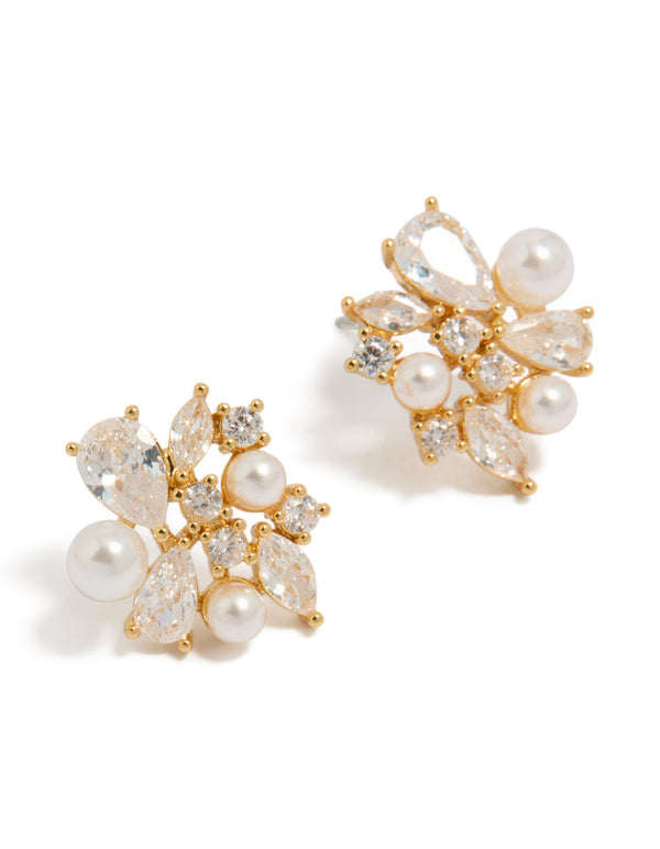 Beautifully crafted gold plated cubic zirconia and pearl cluster stud earrings front view