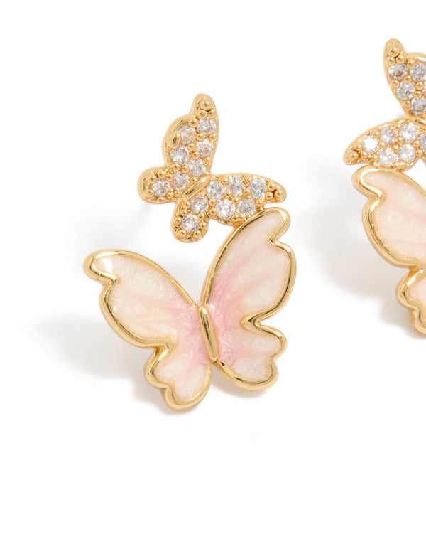 Gold Plated Small Pink Enamel & Cubic Zirconia Butterfly Earrings