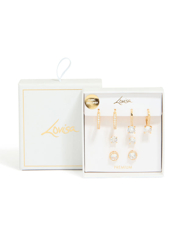 Gold Plated Cubic Zirconia Mixed Stud & Huggie Earrings 4-Pack