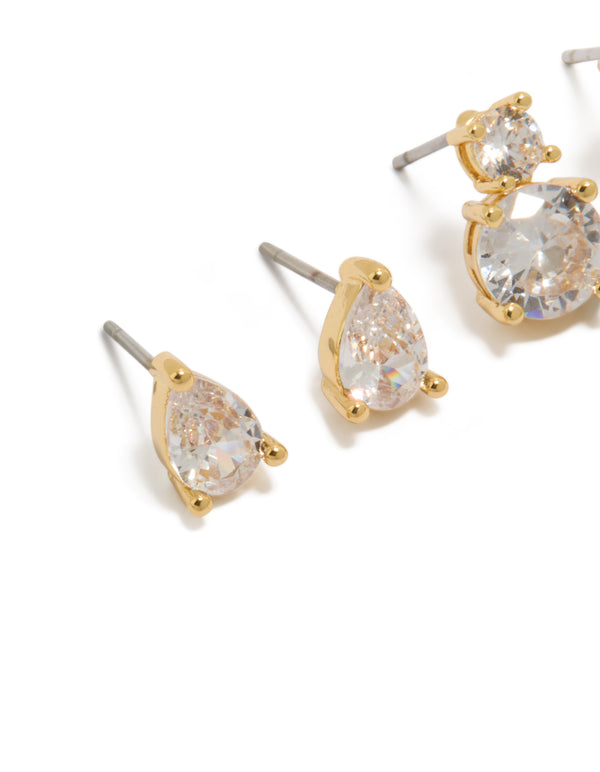 Showcasing gold plated cubic zirconia teardrop and double drop earrings 2-pack with crystal stud closure close up view