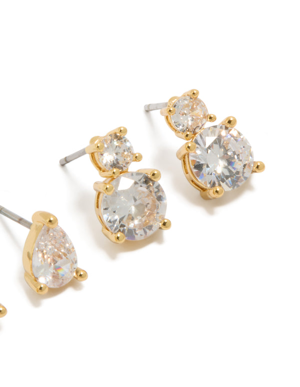 Elegantly crafted gold plated cubic zirconia teardrop and double drop earrings 2-pack with crystal stud closure post detail view