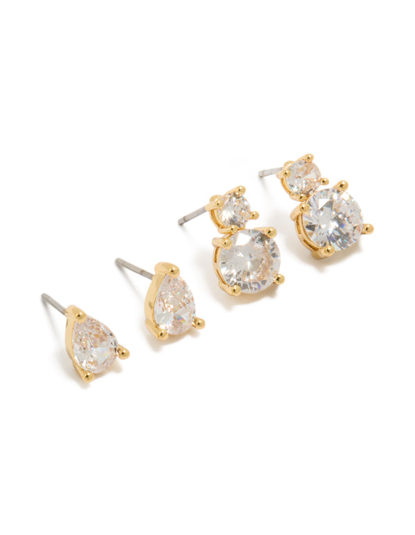 Beautifully designed gold plated cubic zirconia teardrop and double drop earrings 2-pack featuring crystal with stud closure front view
