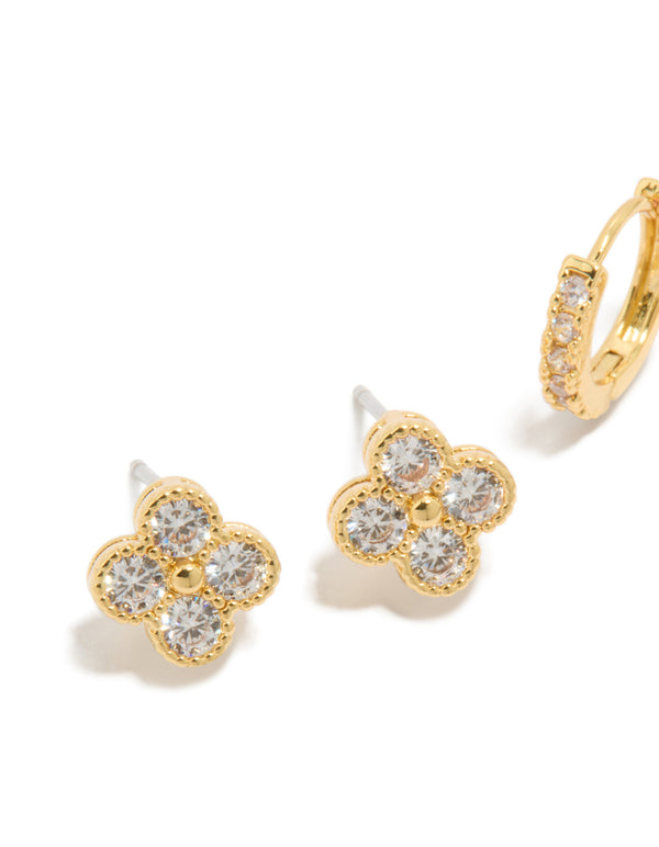 Gold Plated Cubic Zirconia Flower & Huggie Earrings 2-Pack