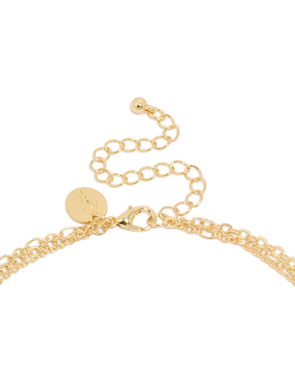 Beautiful charm necklace with gold plated cubic zirconia in triple layered style clasp detail view