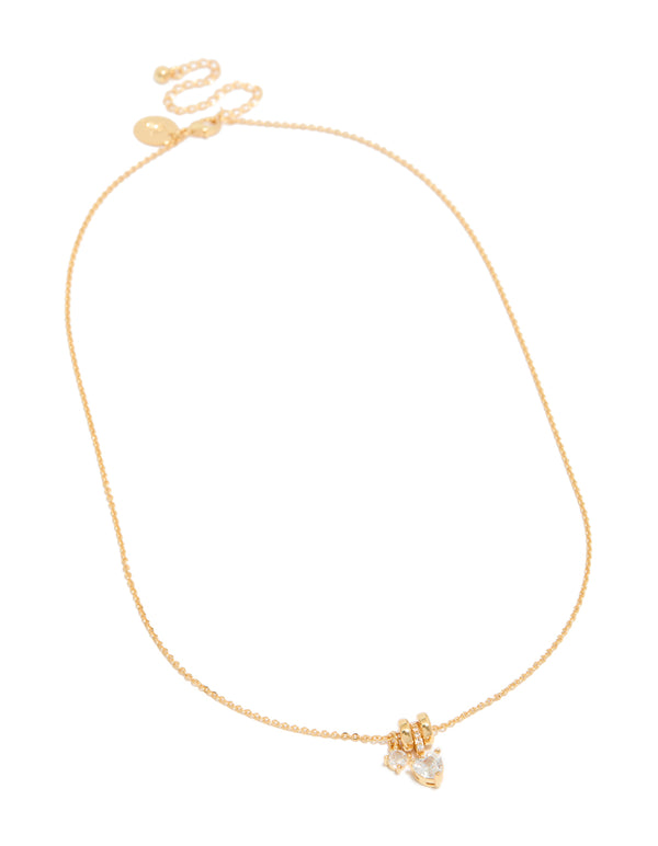 Beautiful gold plated cubic zirconia heart and circle pendant necklace with charm featuring crystal accents front view