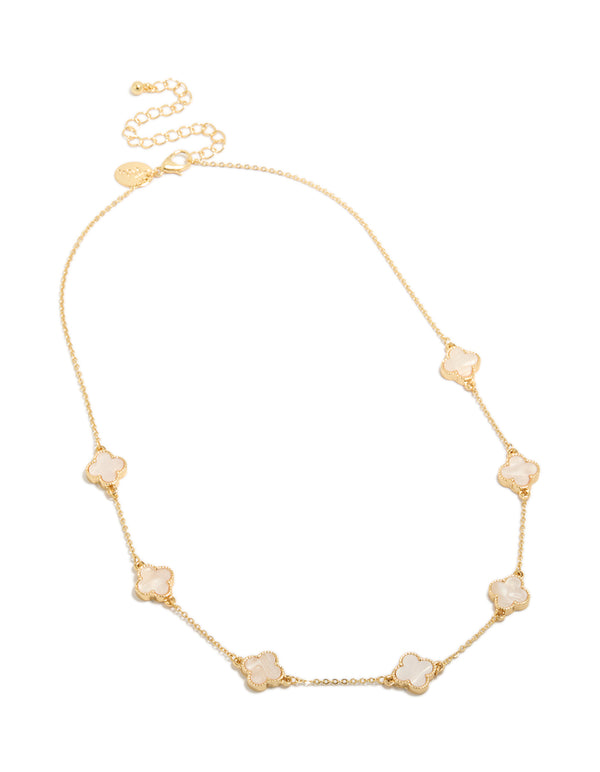 Gold Plated Pink Flower Clover Inlay Charms Necklace