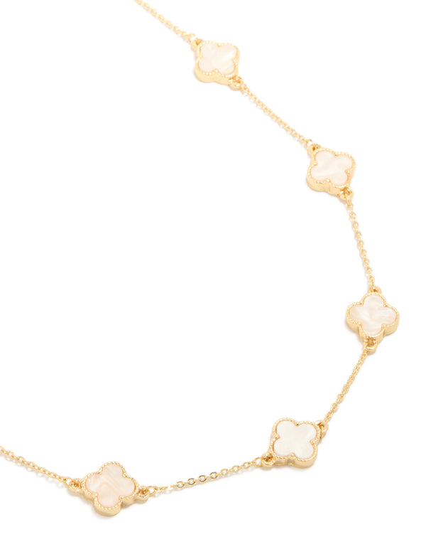 Gold Plated Pink Flower Clover Inlay Charms Necklace