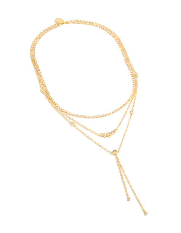 Showcasing gold plated cubic zirconia tennis and Y-necklaces in a 3-pack front view