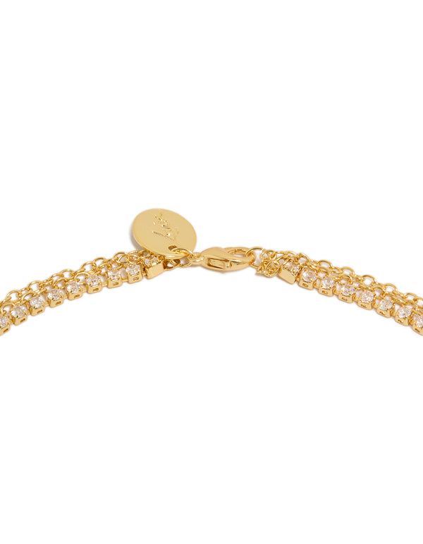 Featuring gold plated cubic zirconia tennis and Y-necklaces in a 3-pack clasp detail view