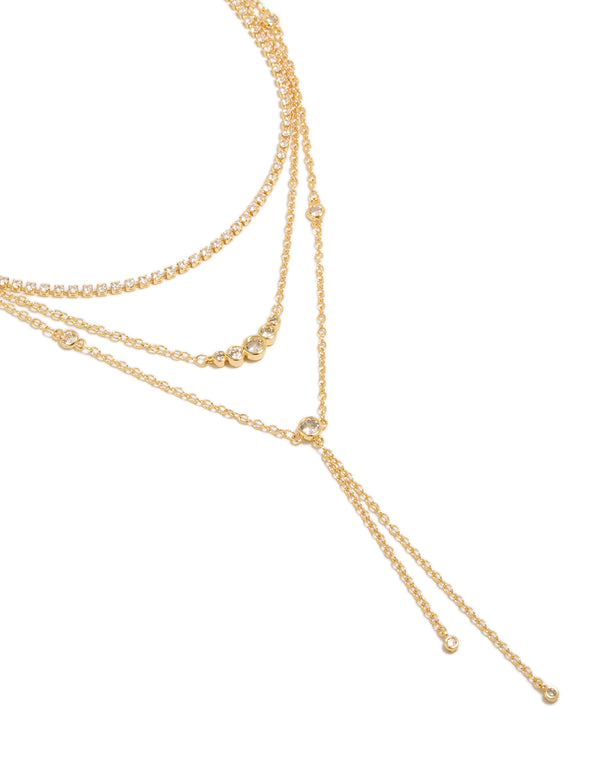 Crafted from gold plated cubic zirconia tennis and Y-necklaces in a 3-pack close up view