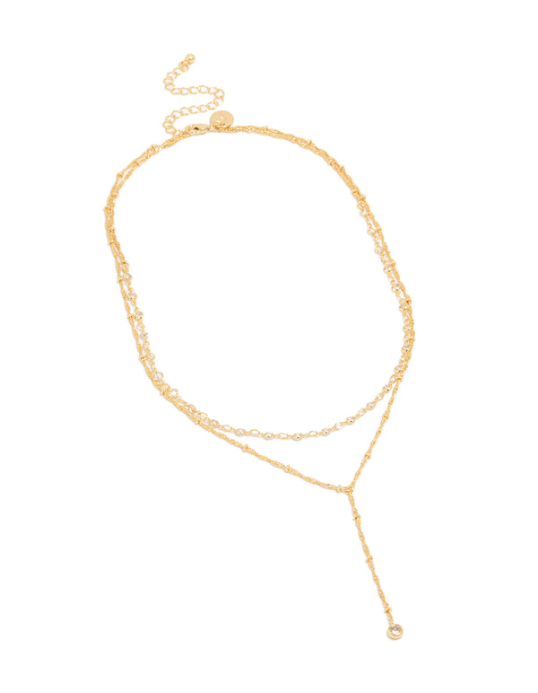 Beautifully crafted gold plated cubic zirconia bezel layered chain Y-necklace with balls details in dainty style front view