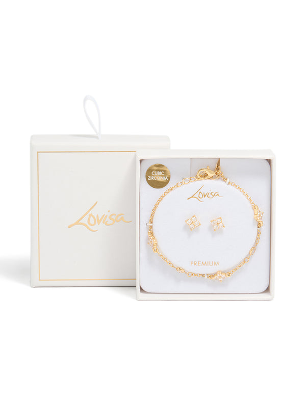 Gold Plated Cubic Zirconia Flower Earrings & Bracelet Set